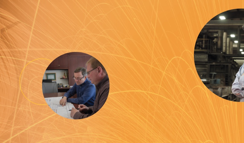 construction employees with an orange background