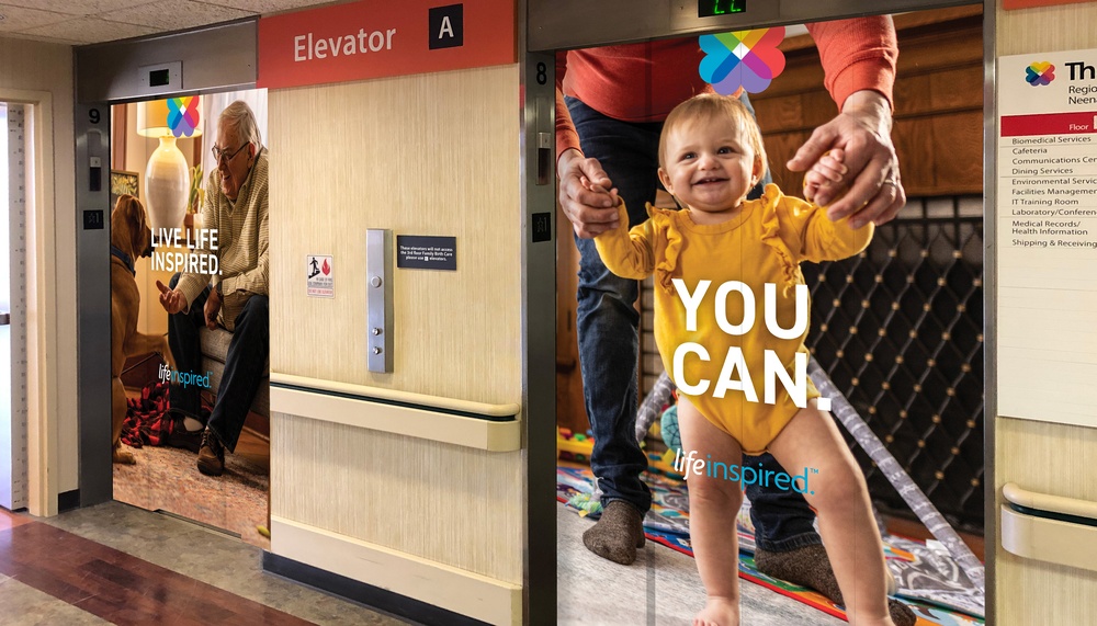 what if i told you elevator graphics showing an old man with a doc and a baby walking
