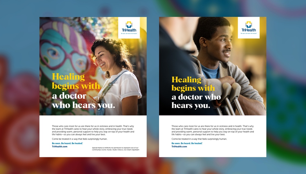 two print ads for be seen be heard be healed. one image is of a woman smiling in front of a mural and the other is a photo of a young man with crutches smiling